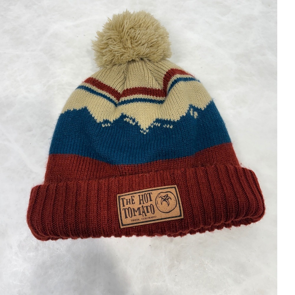 Locale The Hot Tomato Fruita Colorado Mountain Knit Beanie‎ Pom Hat Red Blue Tan